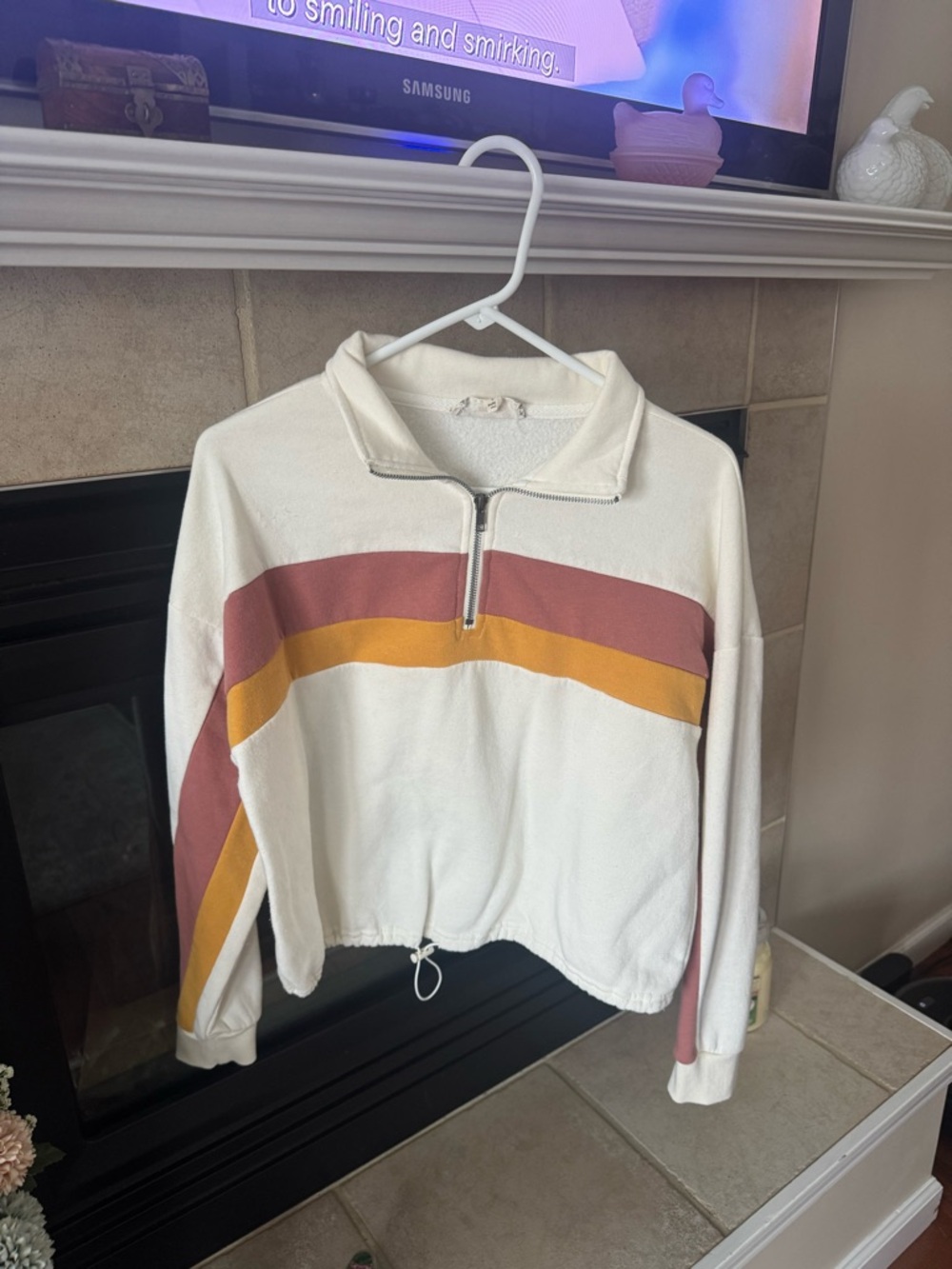 Women’s Half-Zip Pullover Sweatshirt - White with Rust & Mustard Stripes